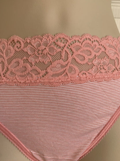 EX M*S Dusty Pink Stripe Cotton Rich Lace Striped High Leg Knickers Size 10-22