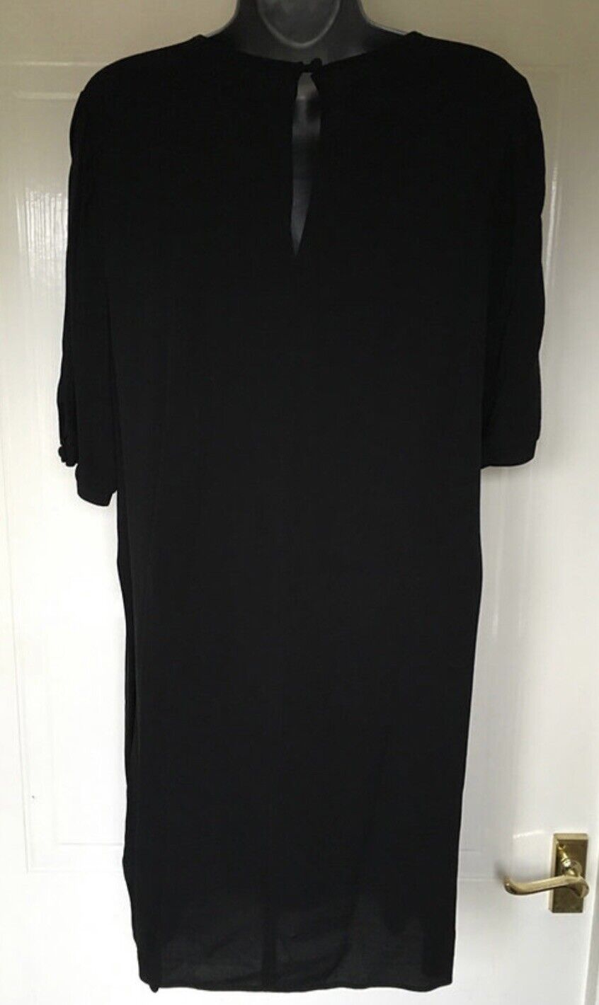 Black Puff Sleeve Gathered Yoke Crinkle Viscose Dress 12-18 Reg/Tall