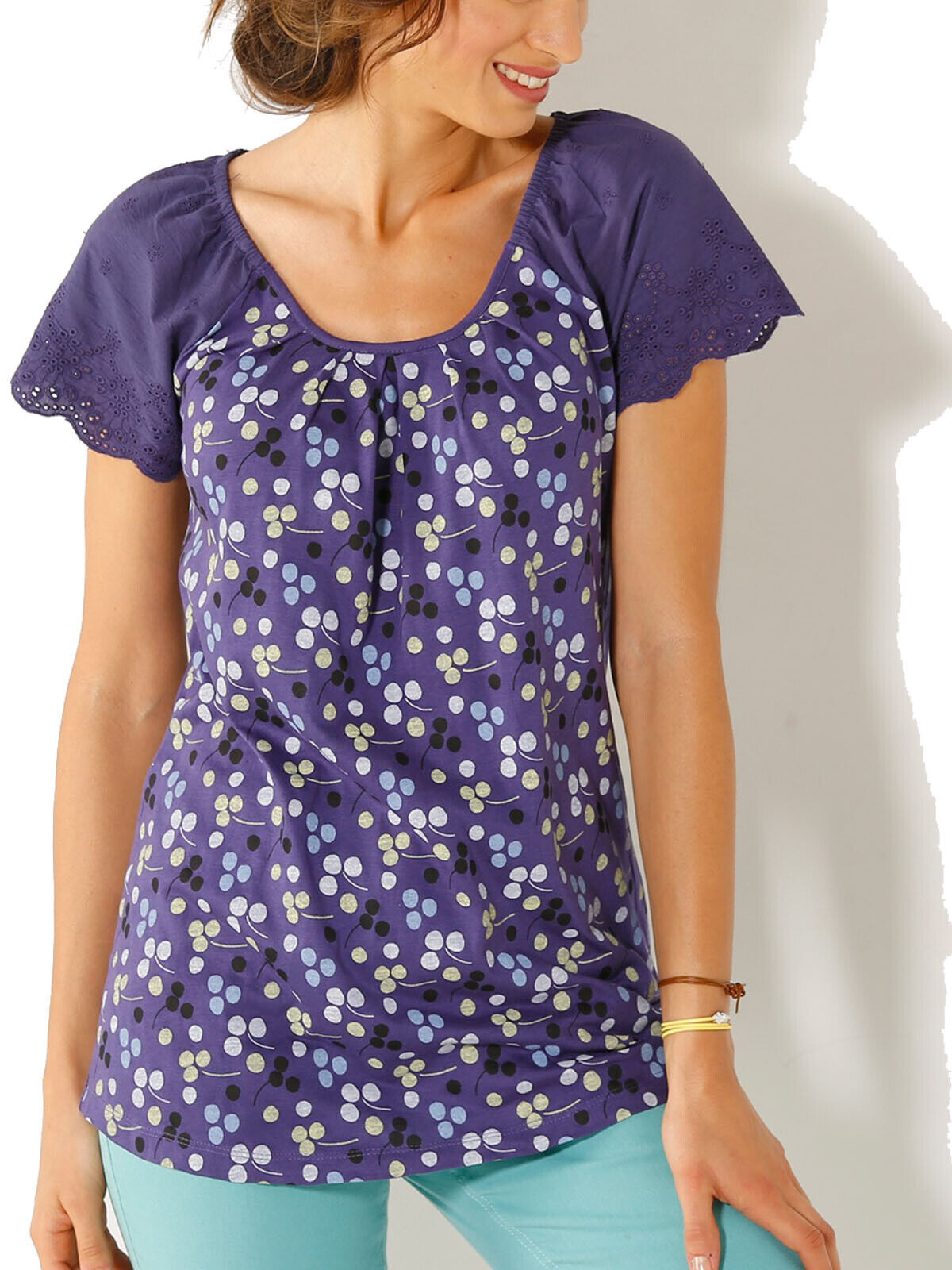Blancheporte Purple Cotton Blend Printed Broderie Sleeve Bardot Top Sizes 14-24