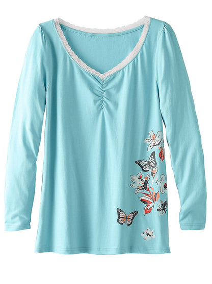 Blancheporte Aqua Pure Cotton Butterfly Print Lace Trim Pyjama Top Sizes 14-26