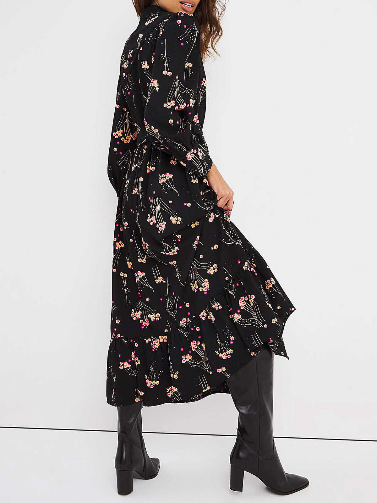 JD Williams Black Floral Tie Waist Midi Shirt Dress in Sizes 14, 16, 18 RRP £50