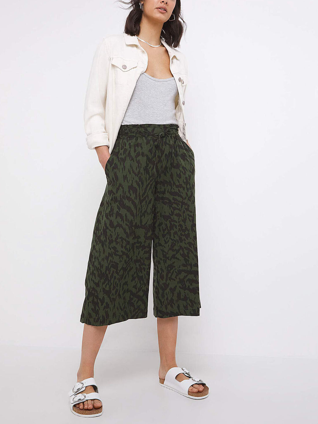 Capsule Khaki Animal Pull On Linen Mix Wide Leg Culottes 16 18 20 22 24 26 30 32