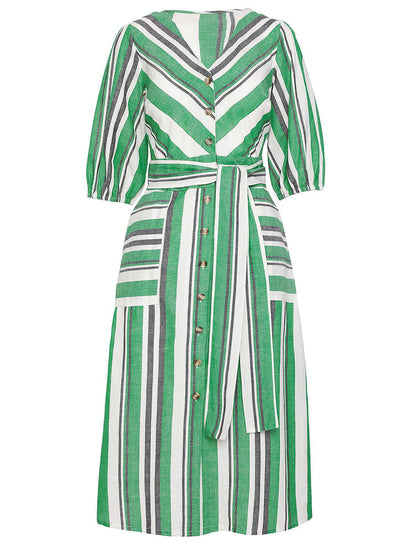 JD Williams Green Striped Button Down Linen Dress 18 22 24 26 28 30 32 RRP £40