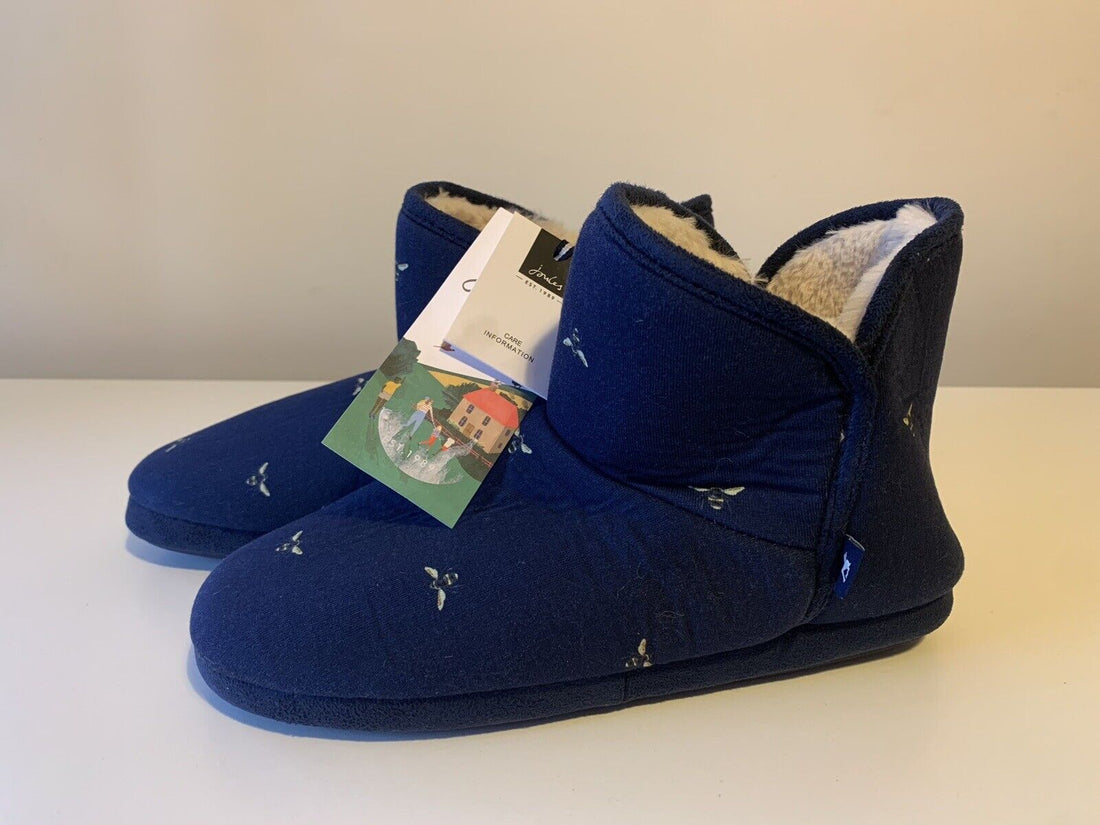 Joules Cabin Faux Fur Lined Slippers Navy Bees Sizes S, M, L RRP £39.95
