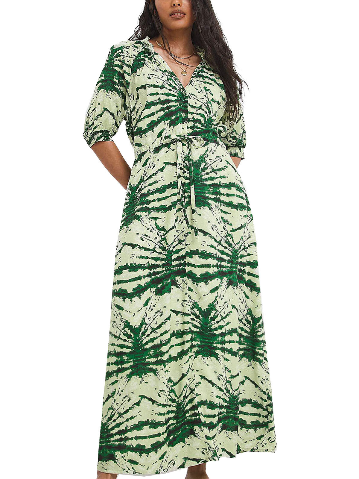 JD Williams Green Printed Open Neck Waisted Midi Dress 14, 18, 20, 24, 26, 28