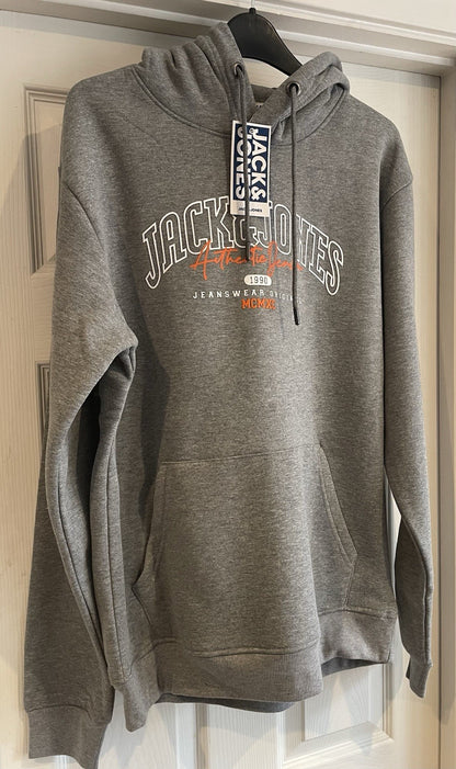 Jack &amp; Jones Mens Grey Hooded Sweatshirt Hoodie Pullover Top Size L1