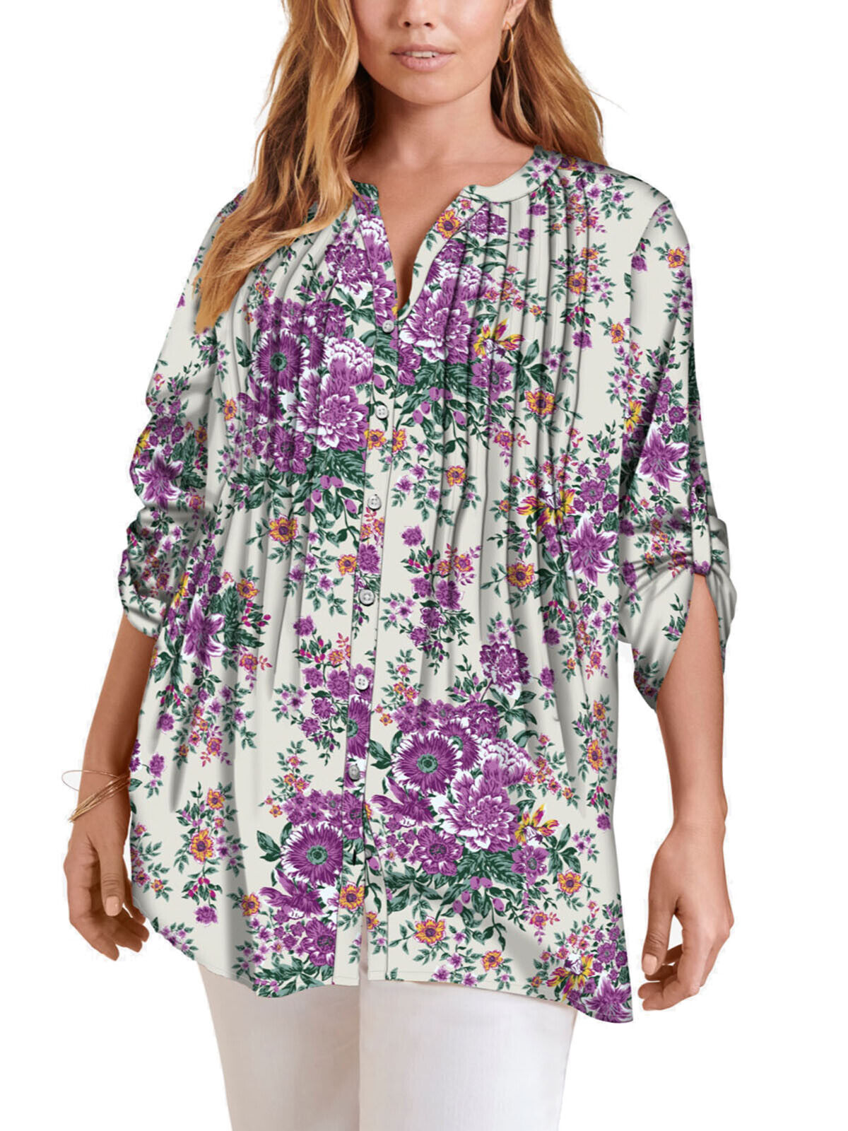 Roamans Cream English Floral Pintuck Tunic in UK Sizes 20-38