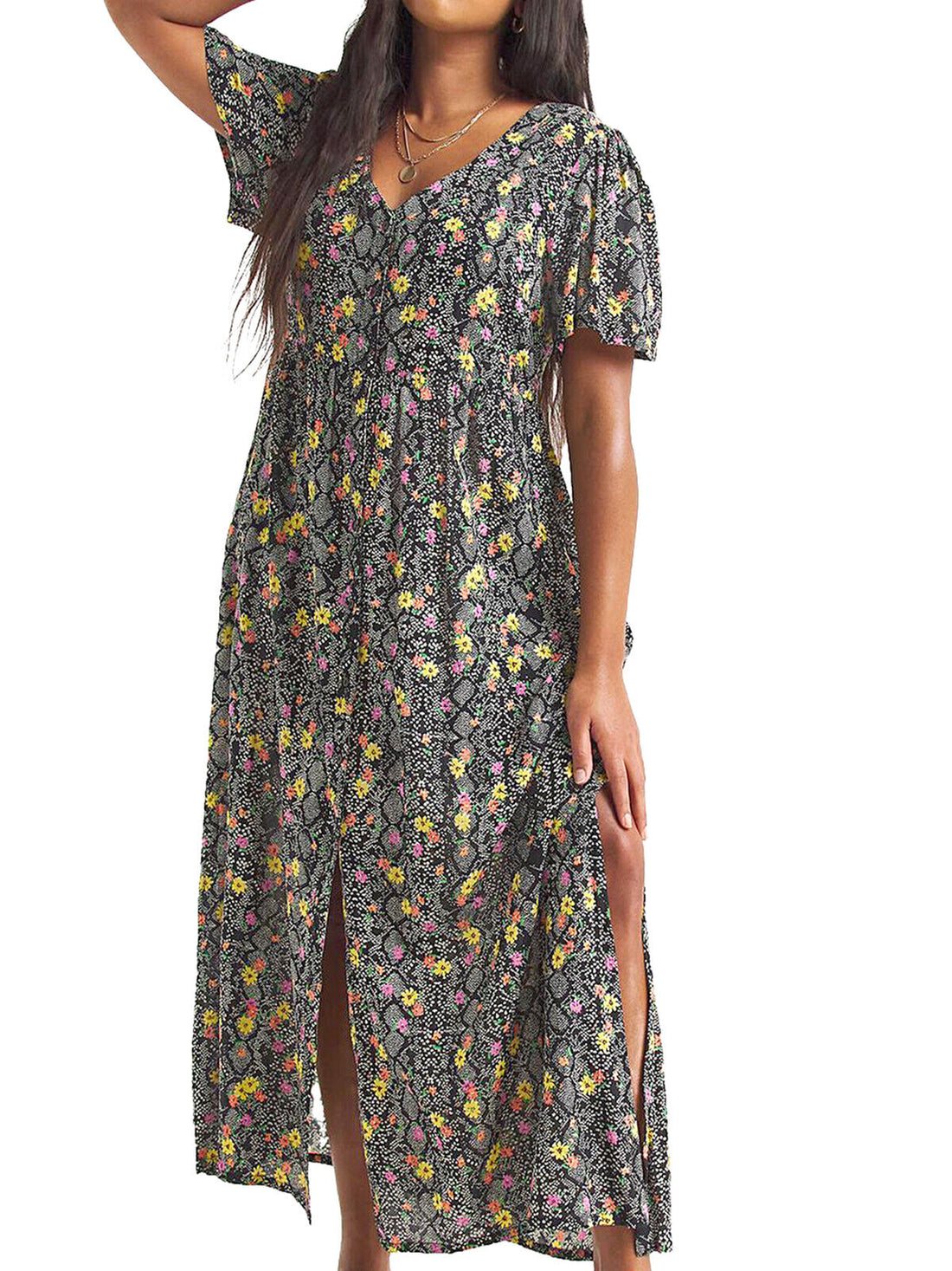 Simply Be Black Floral Print Button Through Tea Dress Sizes 20, 22, 24, 26, 28