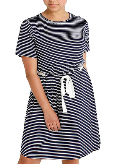 Second Script Curve Navy Striped Tie Waist Dress in Sizes 16, 18, 20, 22