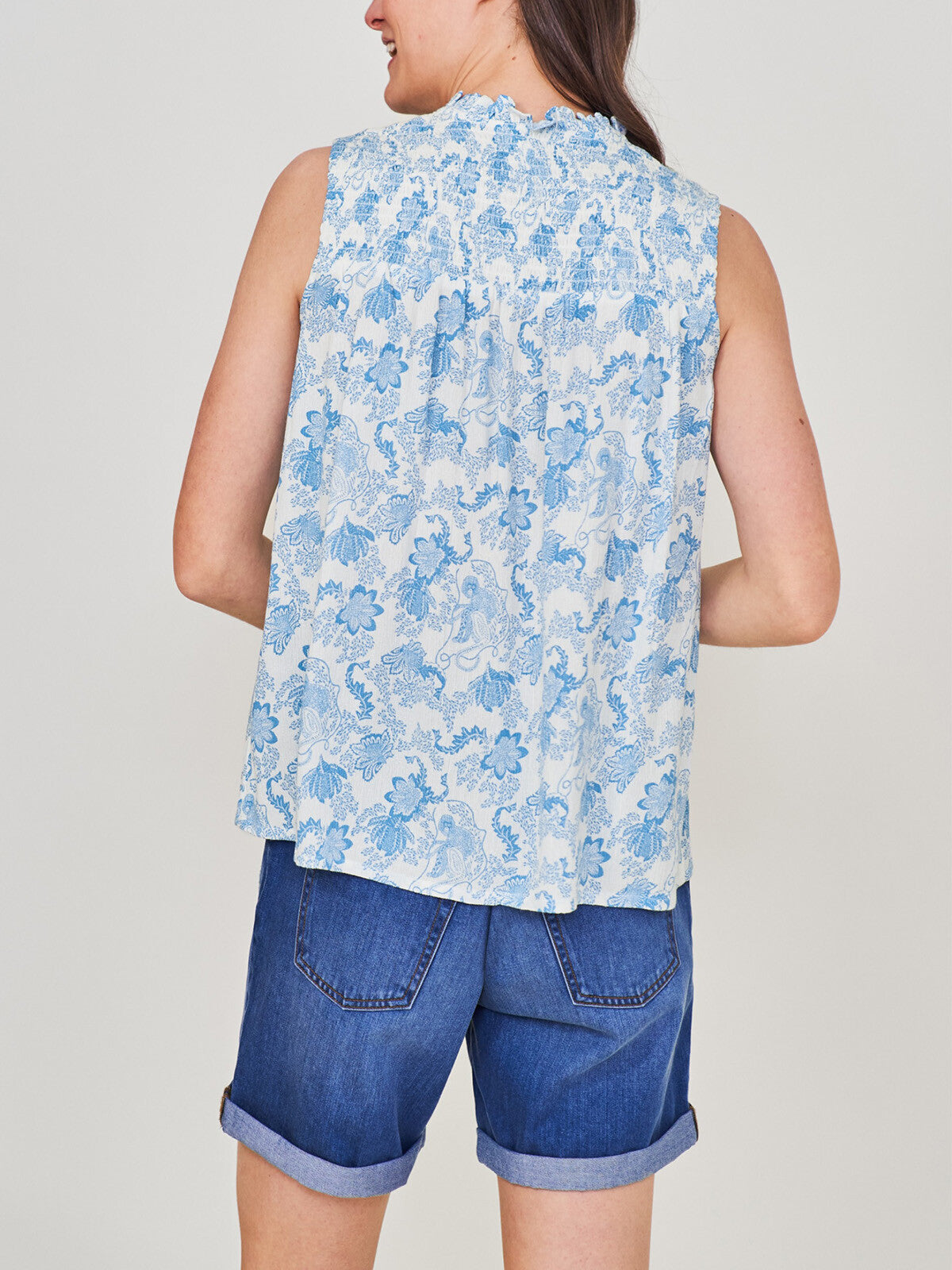 EX WHITE STUFF Bright Blue Sleeveless Frill Neck Deeba Shirt in Size 10 RRP £391