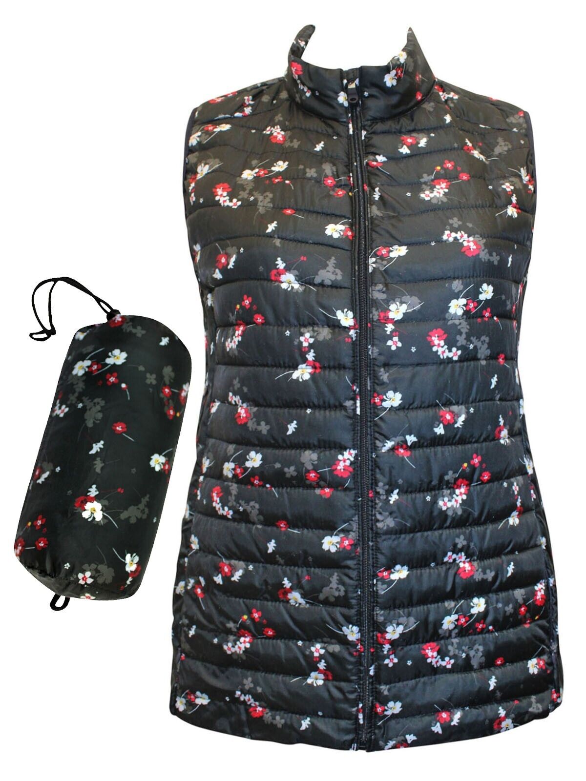 Weekend Black Floral Print Packaway Quilted Gilet Jacket 18, 20, 22, 24, 26