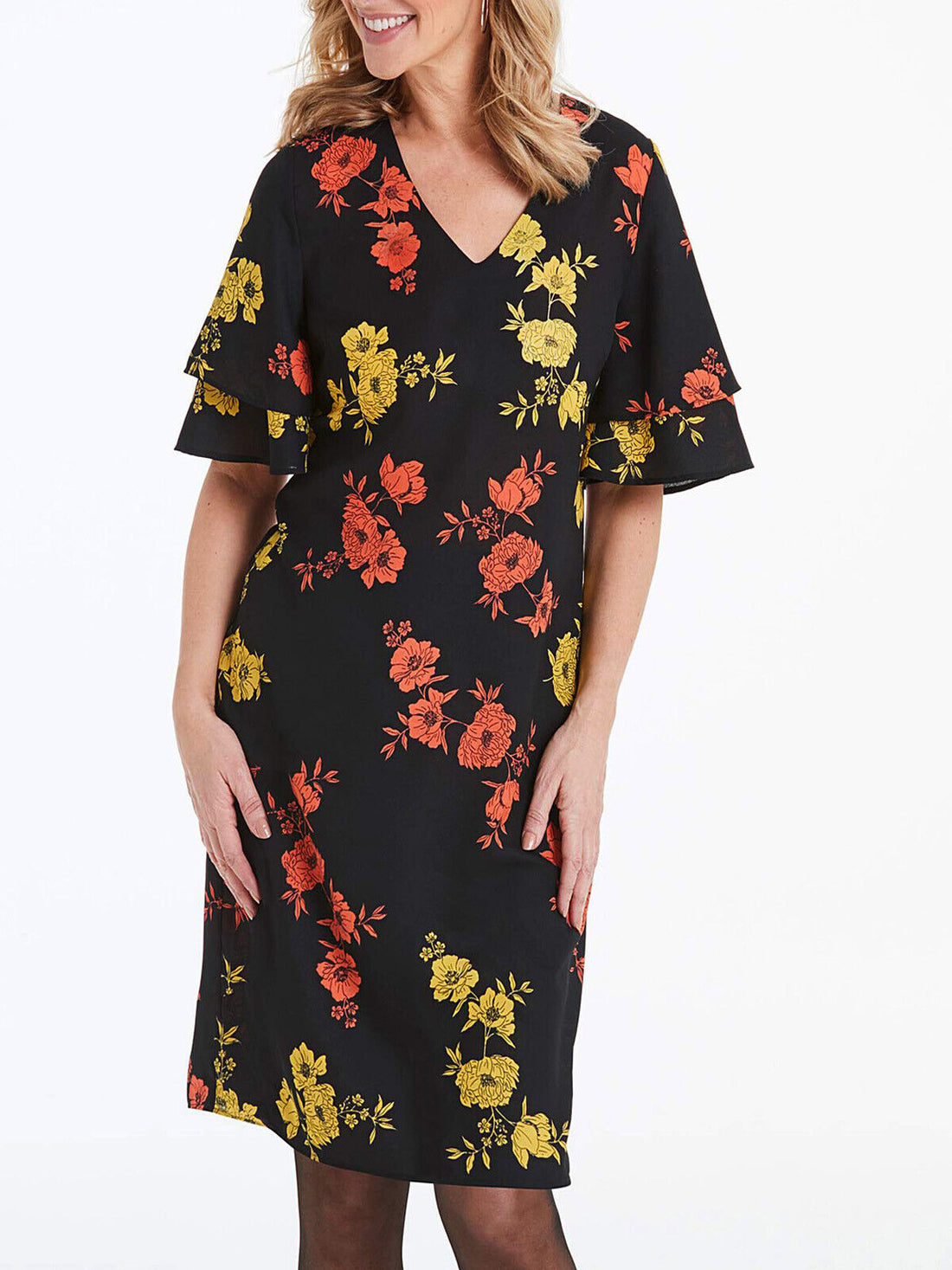 New Capsule Black Floral Print Ruffle Sleeve Dress in Sizes 16, 20, 26
