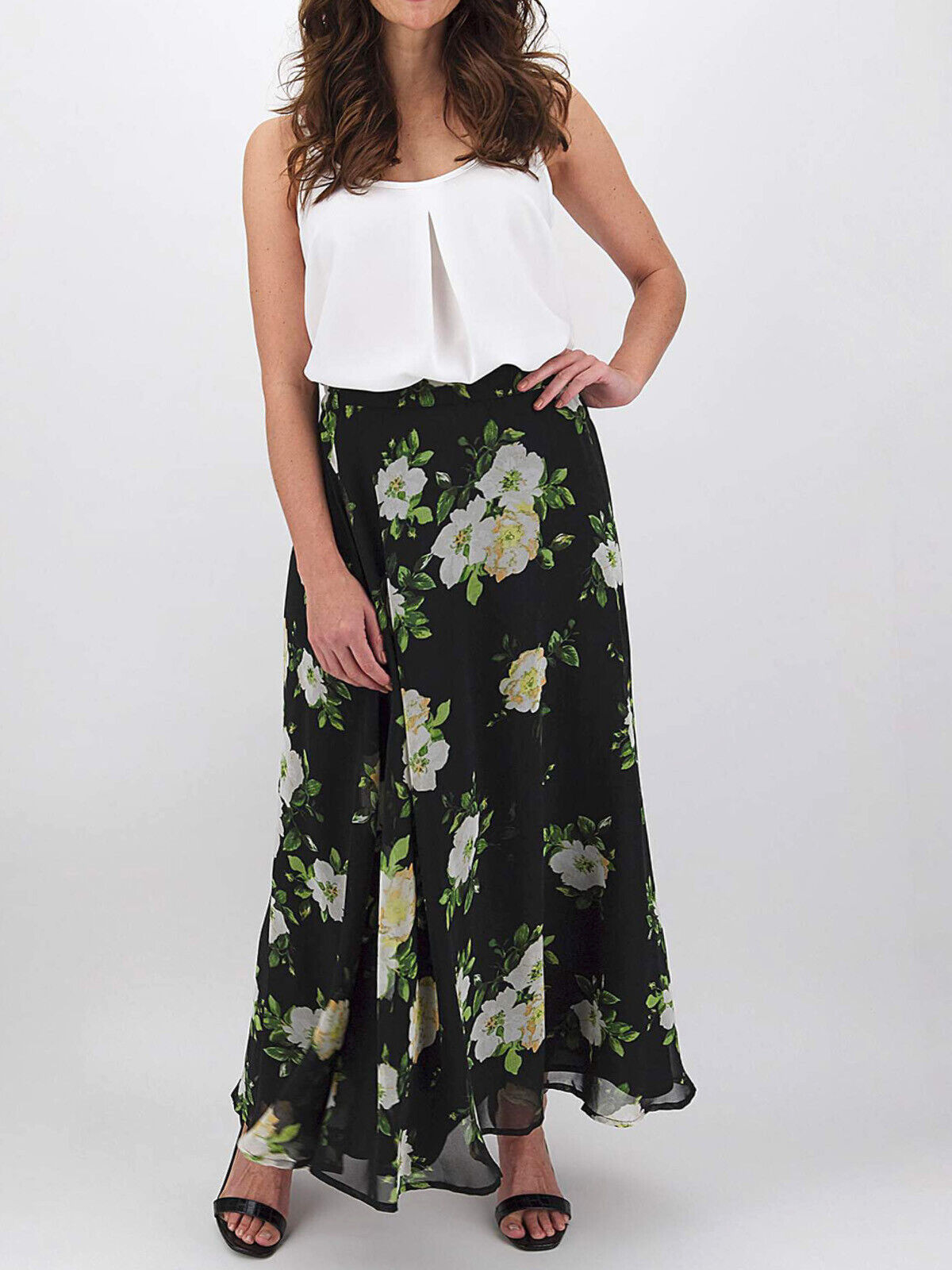 JD Williams Black/Ivory Floral Print Georgette Maxi Skirt Sizes 12 or 14