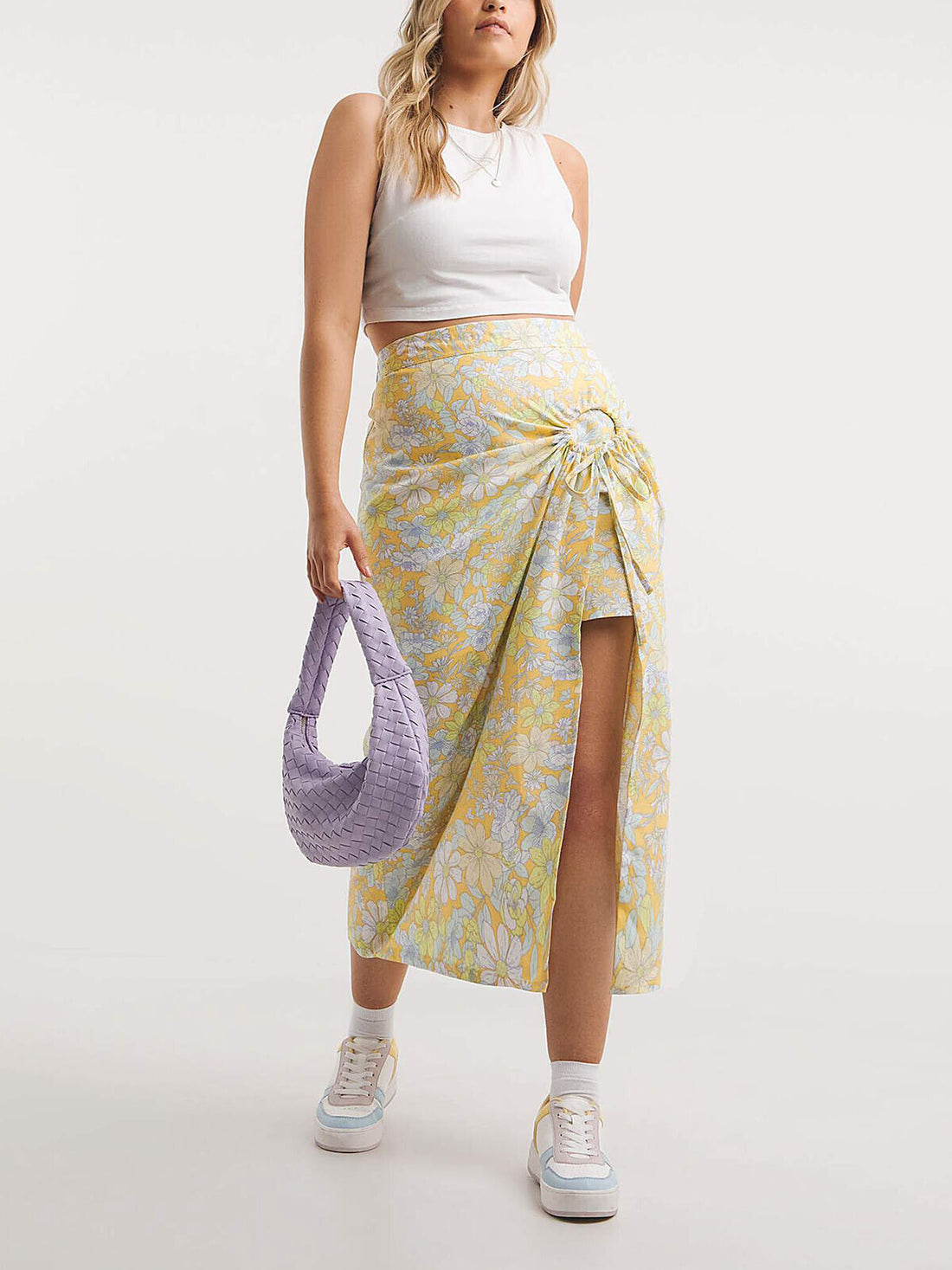 Simply Be Yellow Floral Print Linen Midi Skirt with O-Ring Detail 14-32 RRP £30
