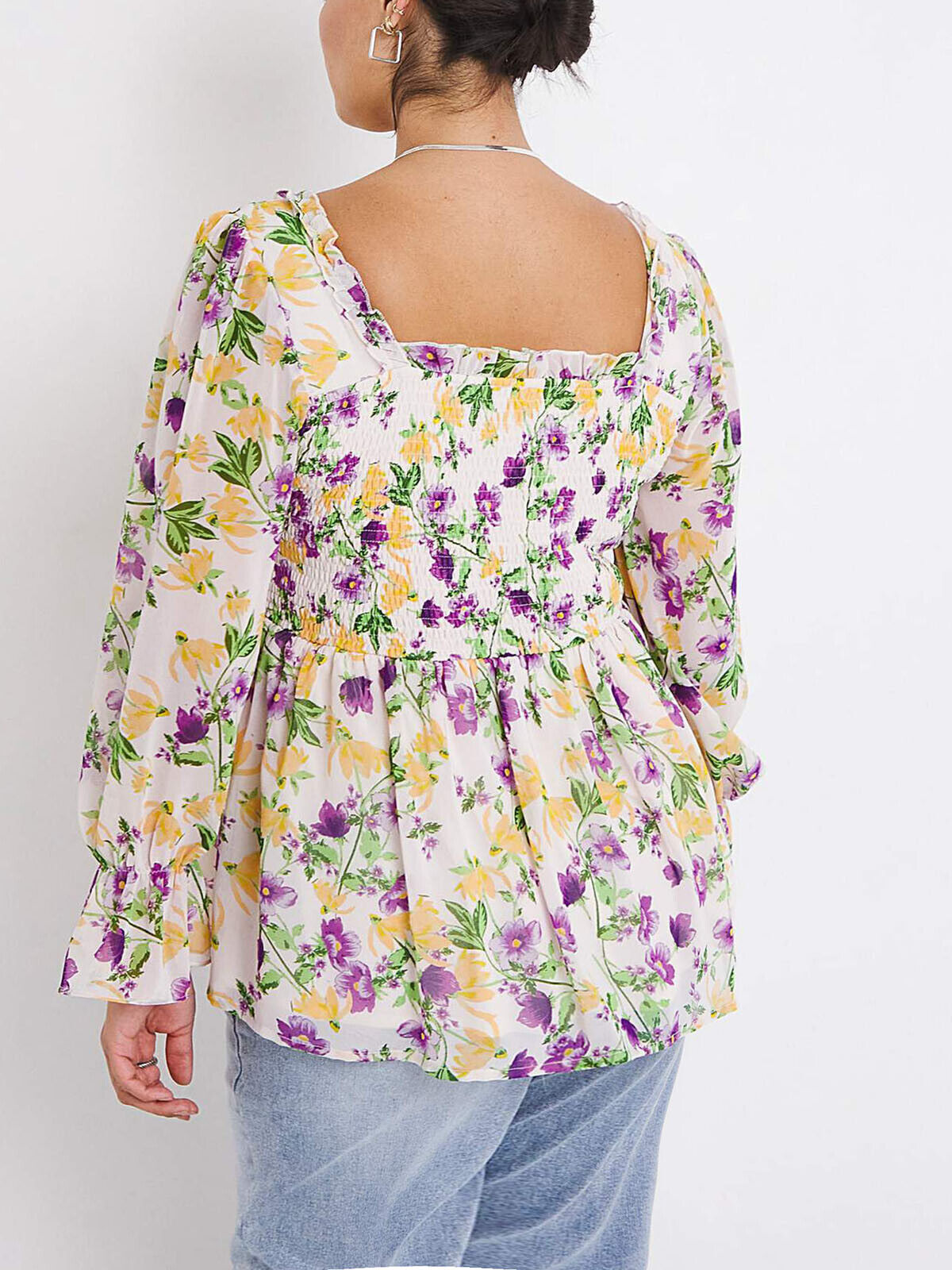 Simply Be Ivory Floral Shirred Frill Square Neck Top 18 20 22 24 26 30 RRP £35