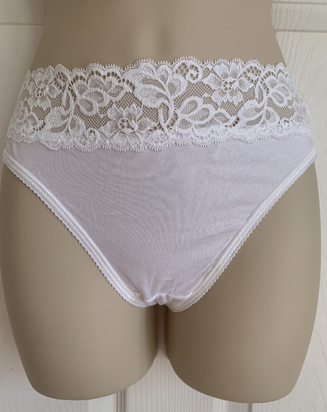 EX M*S White Cotton Rich Embroidery Lace Trim High Leg Knickers Size 10-22
