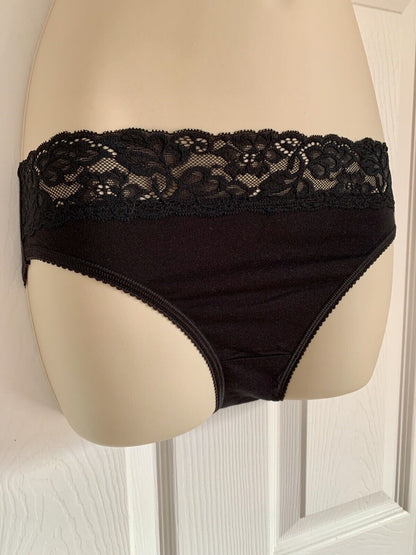 EX M*S Black Cotton Rich Lace Waist High Leg Knickers Sizes 8, 12, 14