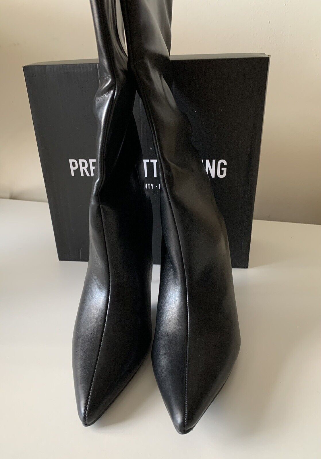 Pretty Little Thing Black PU Detail Point Toe Stiletto Heeled Knee Boots 3-8