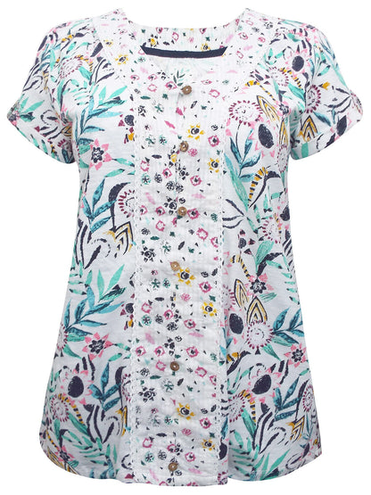 Mantaray Multi Pure Cotton Pleated Floral Print Blouse in Sizes 12 or 14