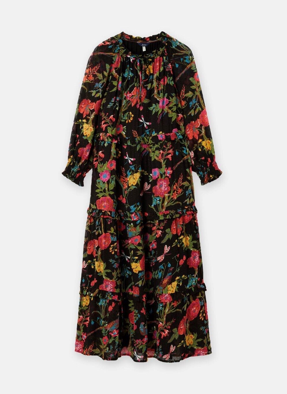 EX Joules  Brooke Tiered Long Sleeve Frill Dress Black Floral Sizes 6-16 RRP £90