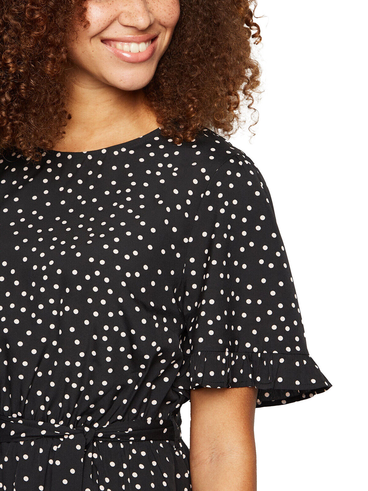 EX New Look Black Polka Dot Frill Trim Dress in Sizes 10, 12, 14, 16, 18