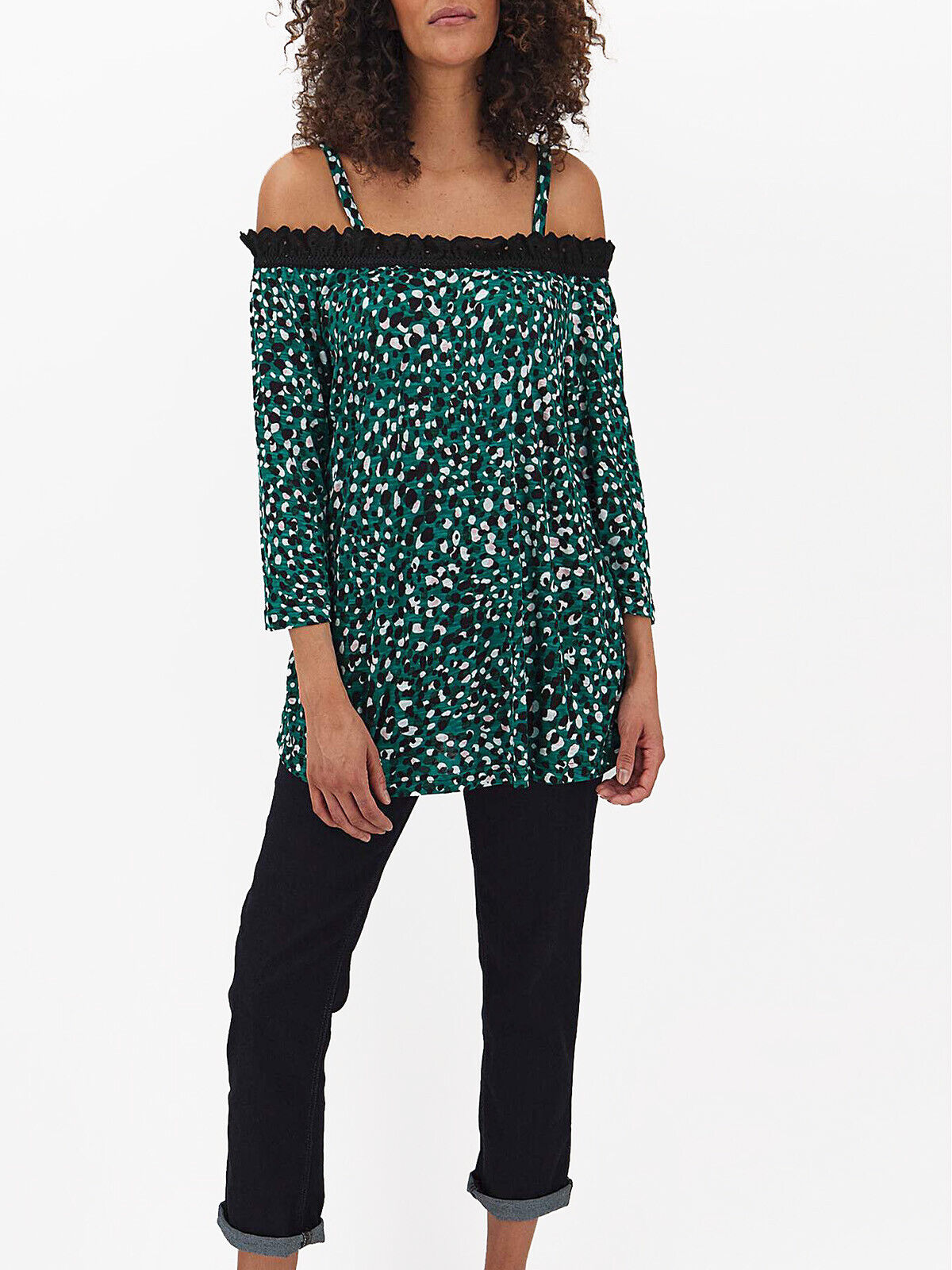 Capsule Green Print Crochet Hem 3/4 Sleeve Cold Shoulder Top Sizes 18 20 24 26