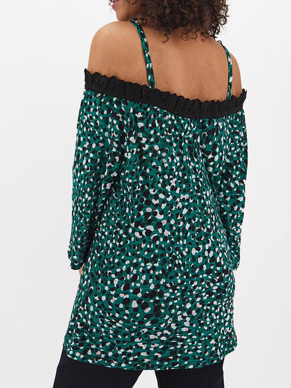 Capsule Green Print Crochet Hem 3/4 Sleeve Cold Shoulder Top Sizes 18 20 24 26