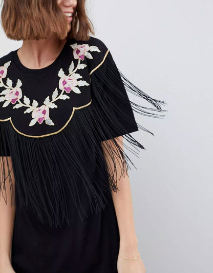 EX ASOS Black Pure Cotton Embroidered Fringe Detail T-Shirt Dress 12, 14, 16, 18