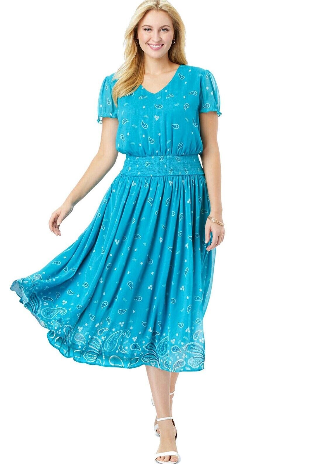 Jessica London Turquoise Paisley Print Smocked Waist Dress UK Sizes 16-30