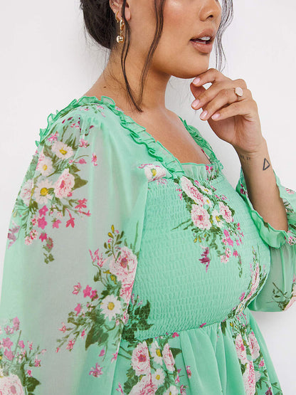 Simply Be Green Floral Shirred Frill Square Neck Top 18, 20, 22, 24, 28 RRP £32