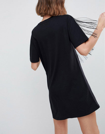 EX ASOS Black Pure Cotton Embroidered Fringe Detail T-Shirt Dress 12, 14, 16, 18