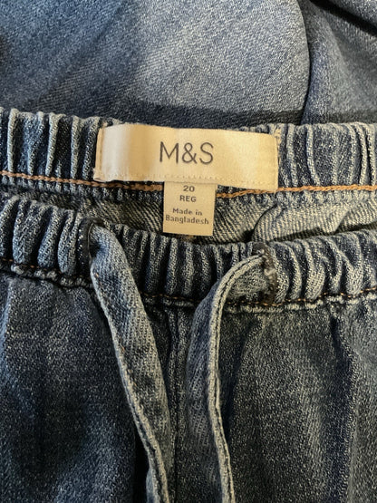EX M*S Blue Soft Denim Wide Leg Elasticated Drawsting Jeans Size 20R2