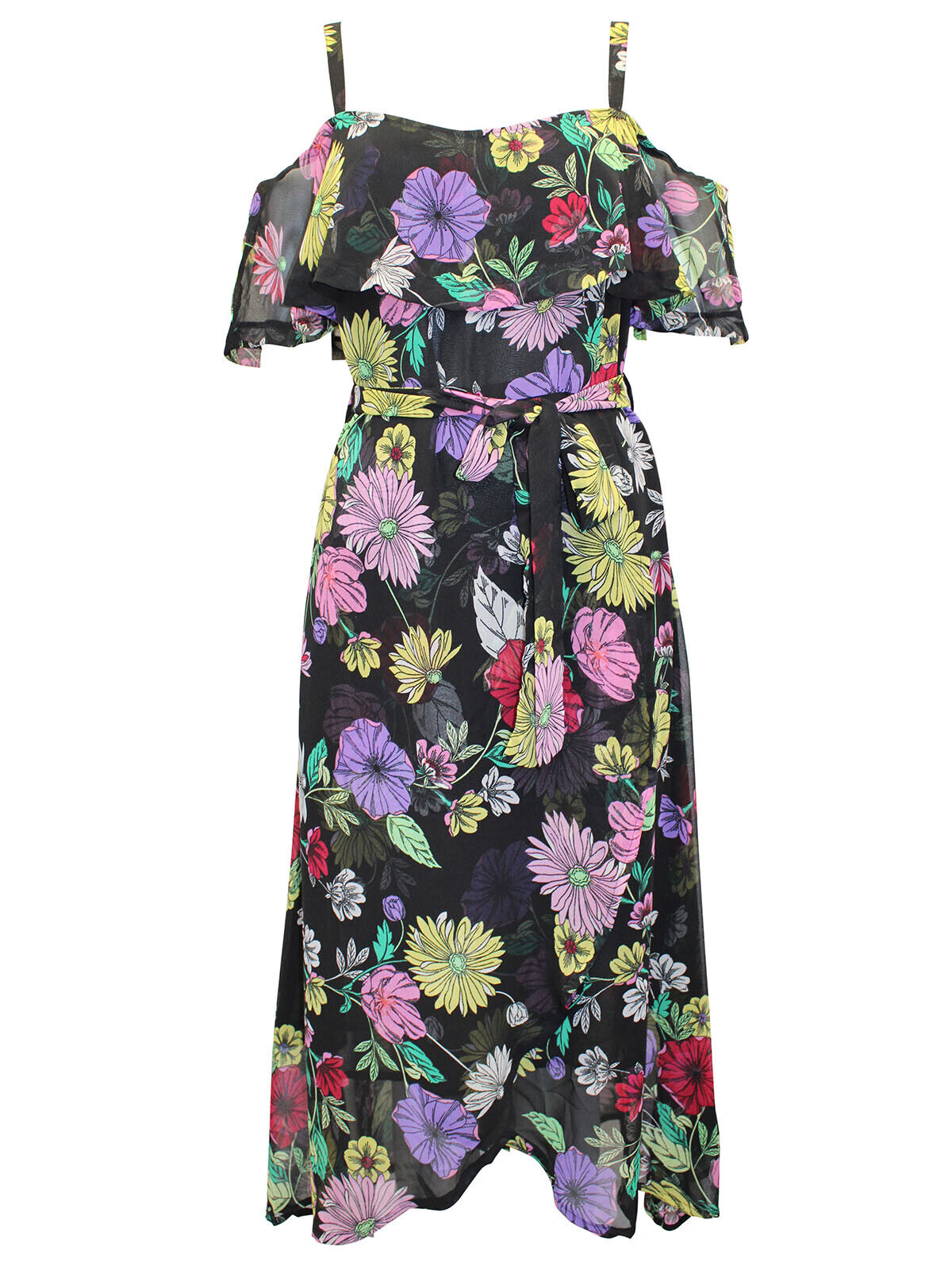 Simply Be Black Floral Bardot Georgette Midi Dress Sizes 18, 20, 22, 24, 26, 28