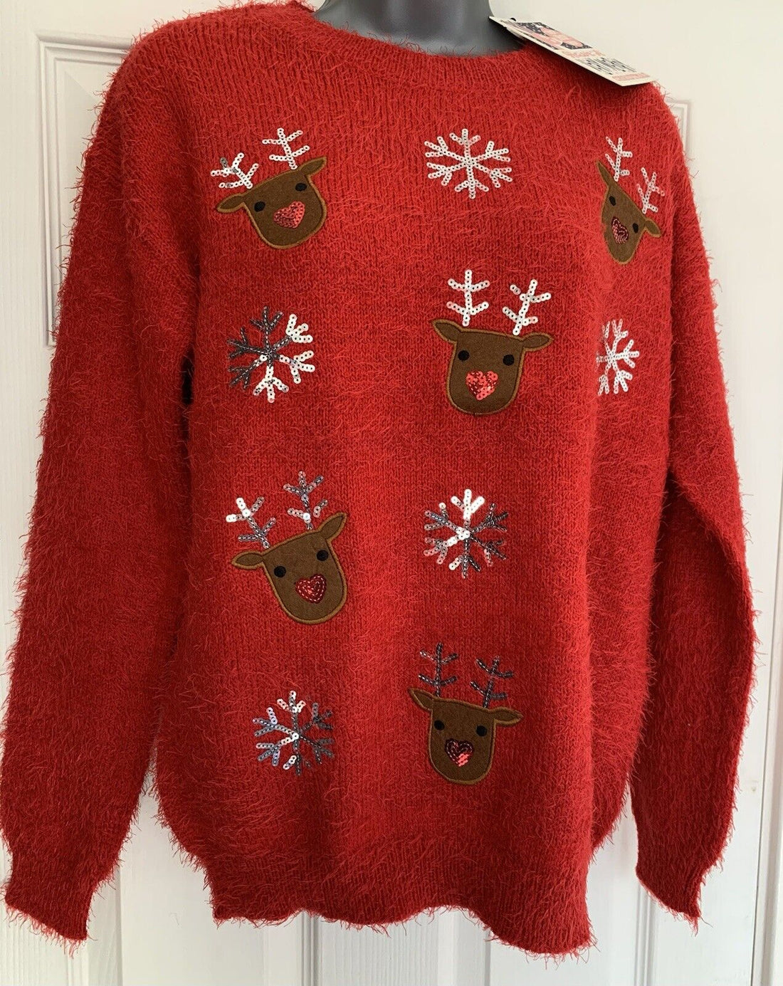 Ladies Red Sequin Snowflake &amp; Reindeer Fluffy Christmas Jumper 10 12 14 16 18