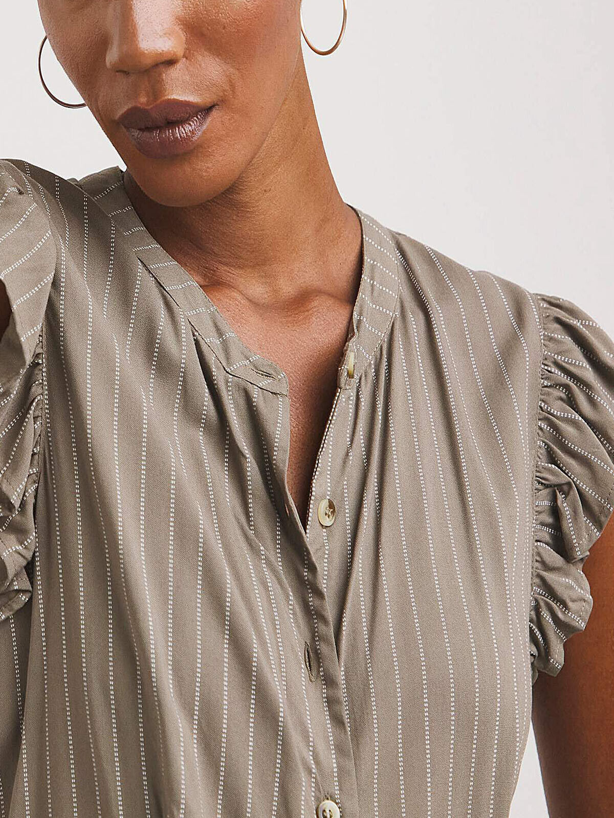 JD Williams Khaki Collarless Frill Sleeve Pocket Shirt Dress 12, 16, 20, 26, 32