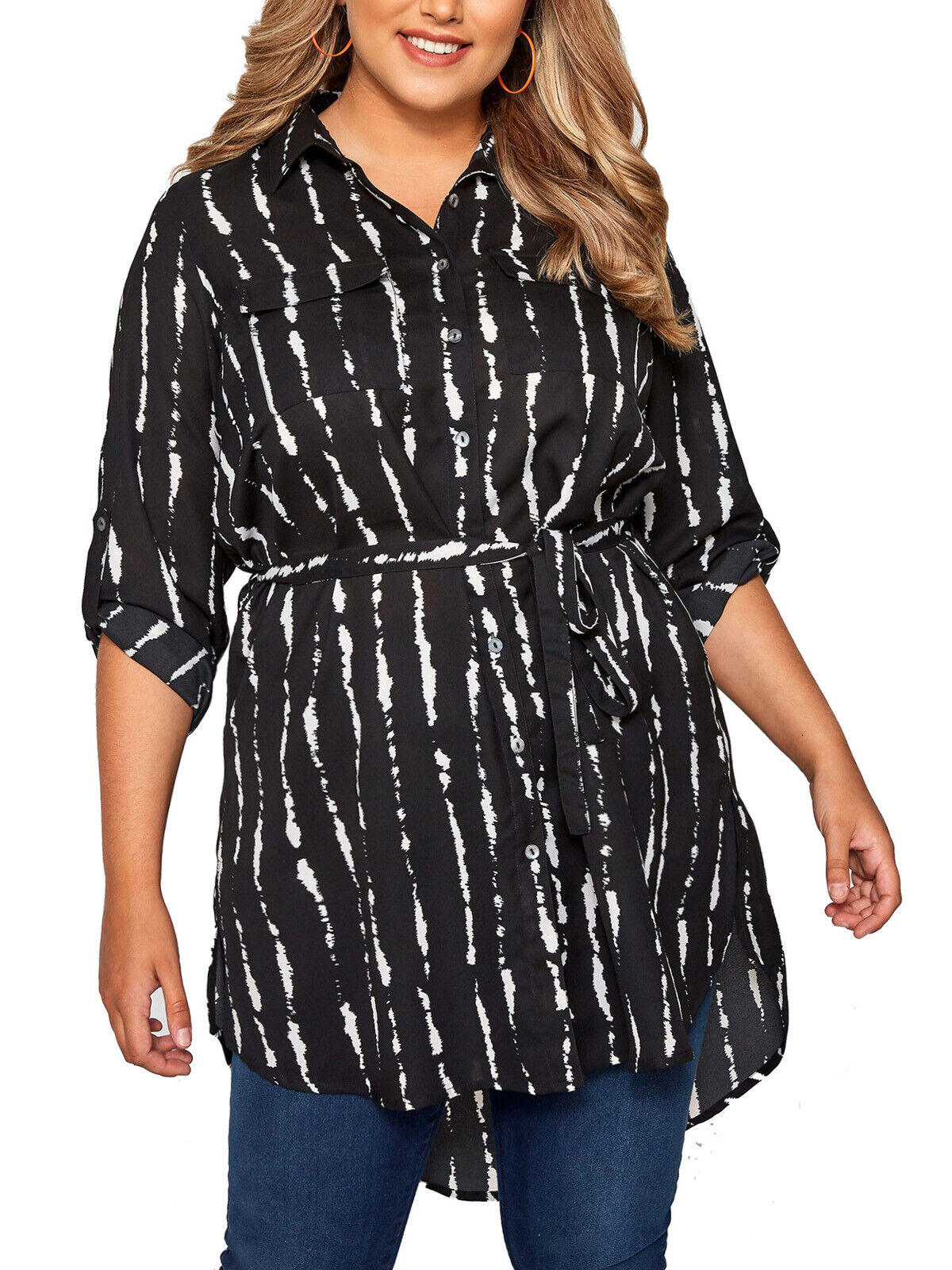EX YOURS Curve Black Abstract Stripe Longline Shirt Sizes 16 20 22 26/28 NO BELT