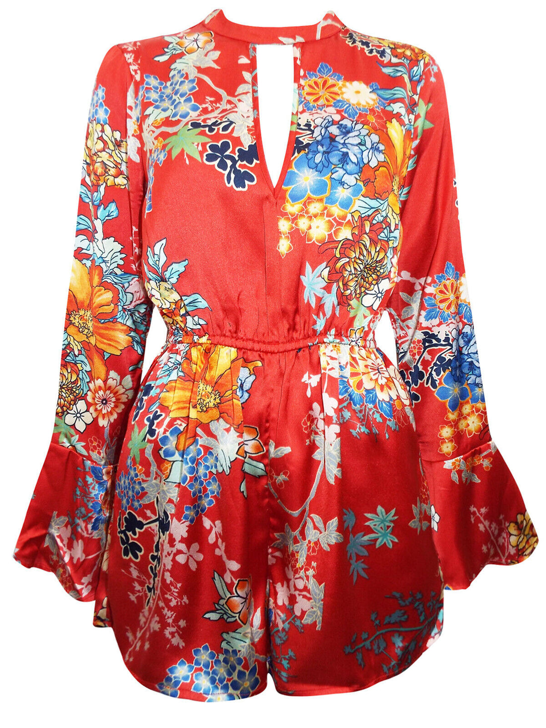 EX Boohoo Red Oriental Floral Print Satin Playsuit in Sizes 6 or 8