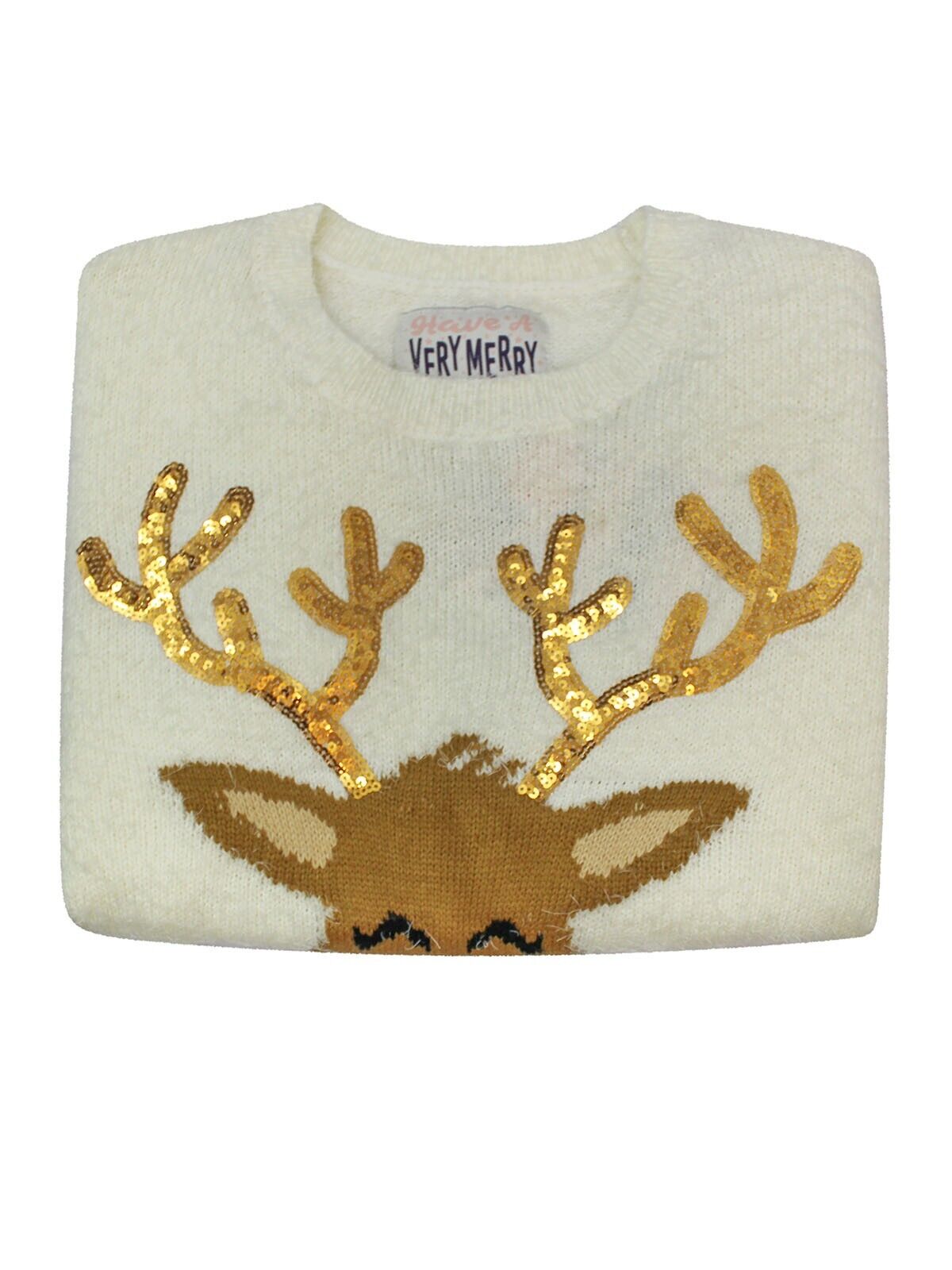 Ladies Cream Sequin Reindeer Fluffy Knit Christmas Jumper 10, 12, 14, 16, 18