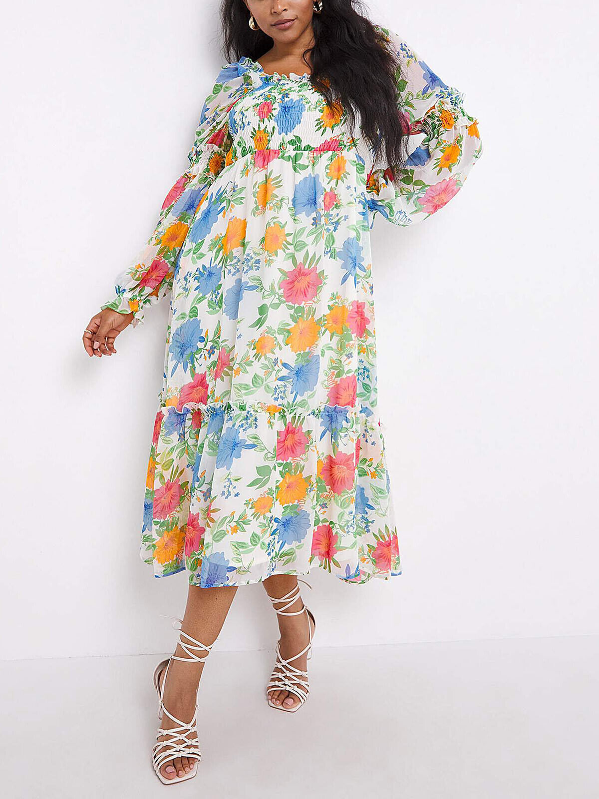 Simply Be Ivory Floral Shirred Long Sleeve Tiered Midi Dress 22, 24, 28, 30, 32