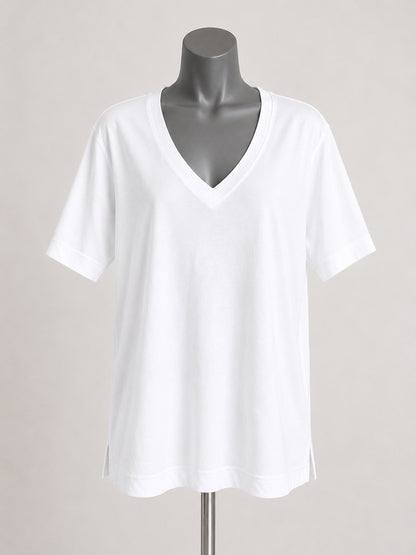 White Cotton Modal Slouch V-Neck T-Shirt Size Small0