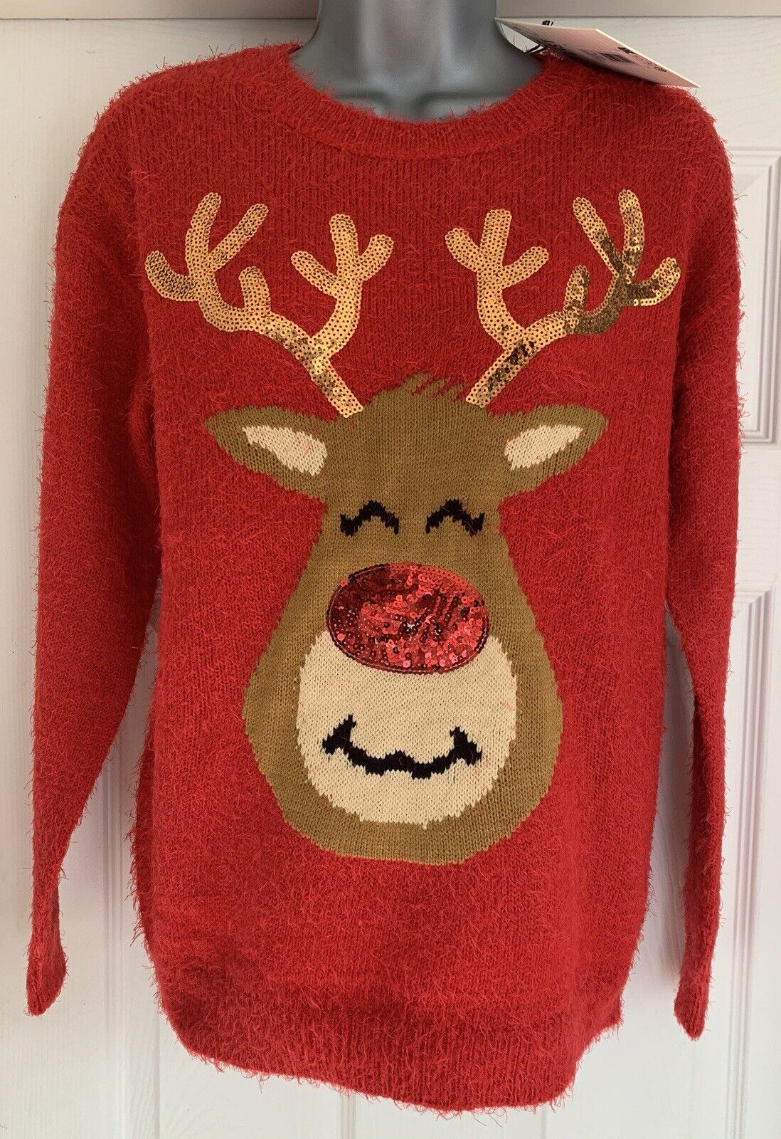 Ladies Tokyo-Red Sequin Reindeer Fluffy Knit Christmas Jumper 10, 12, 14, 16, 18