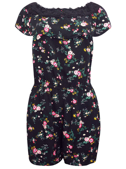 EX Fat Face Black Floral Print Bardot Playsuit in Sizes 8, 12, 14