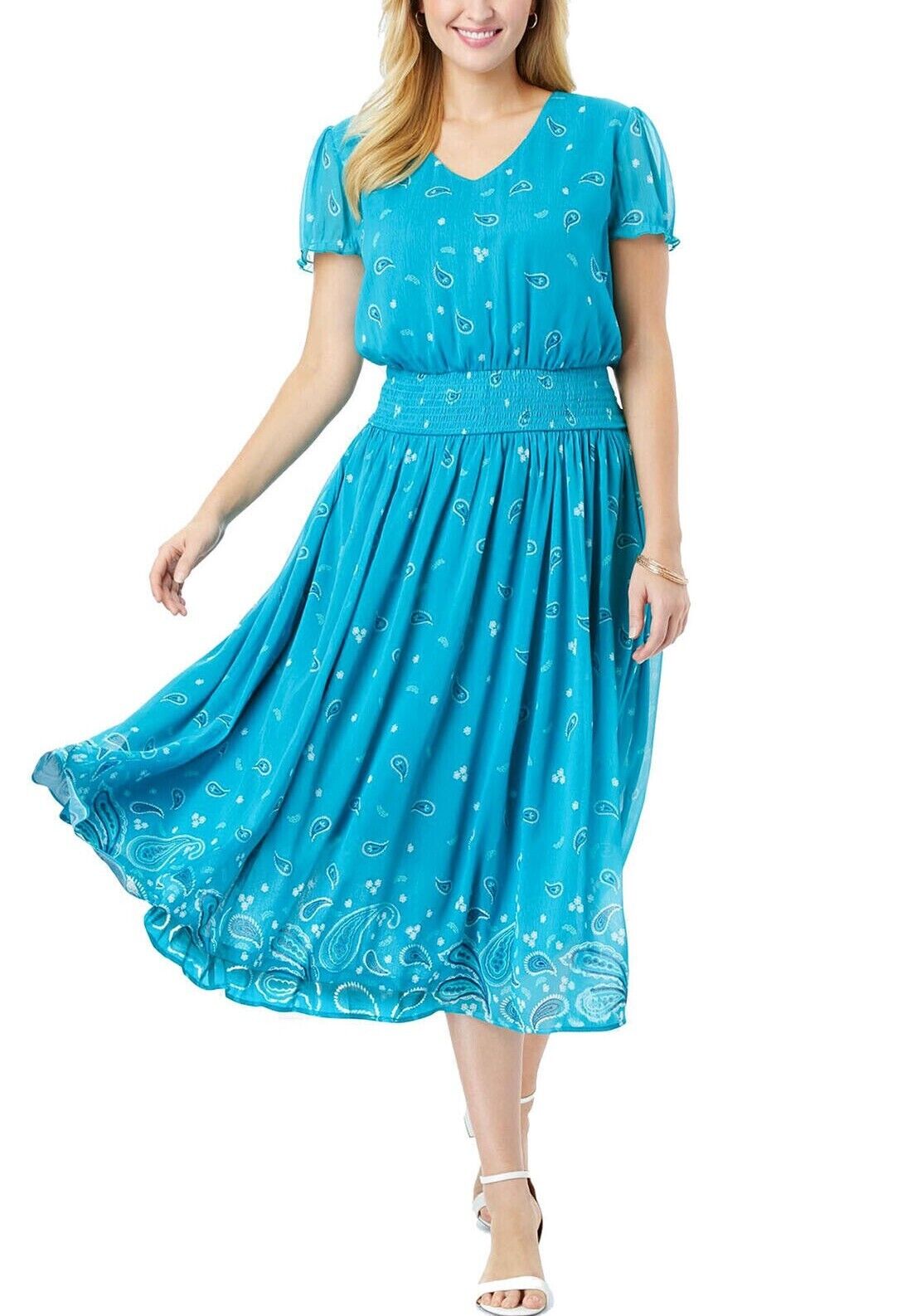 Jessica London Turquoise Paisley Print Smocked Waist Dress UK Sizes 16-30