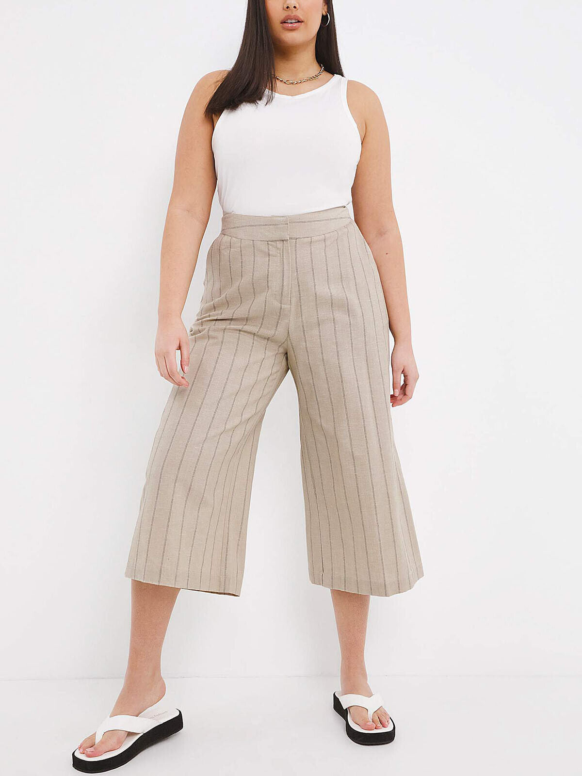 Capsule Yarn Stripe Linen Blend Wide Leg Culottes in Sizes 16, 18, 20