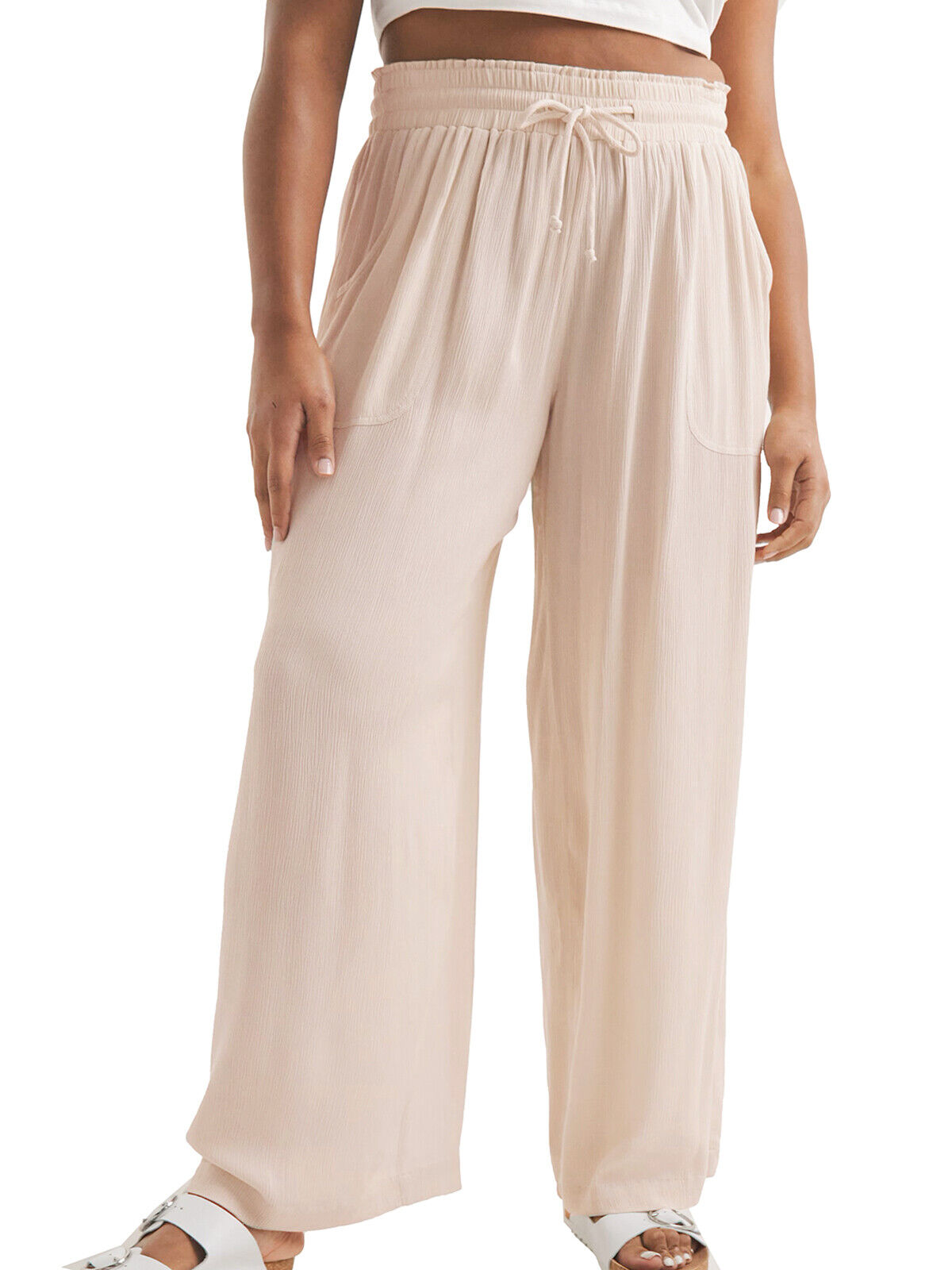 JD Williams Light Peach Crinkle Tie Waist Wide Leg Trousers Sizes 14, 18, 20, 22