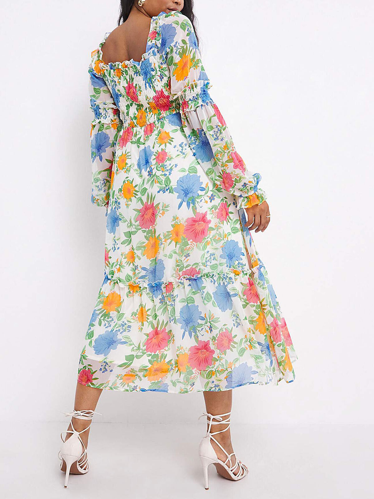 Simply Be Ivory Floral Shirred Long Sleeve Tiered Midi Dress 22, 24, 28, 30, 32