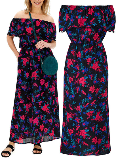 Capsule Black Floral Bardot Maxi Dress in Sizes 14, 16, 20, 32
