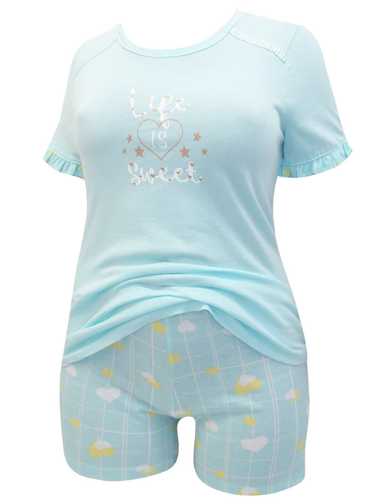 Italian Mi-a-mi Aqua Cotton Heart Frill Trim Shorts Pyjama Set 10 12 14 16 20