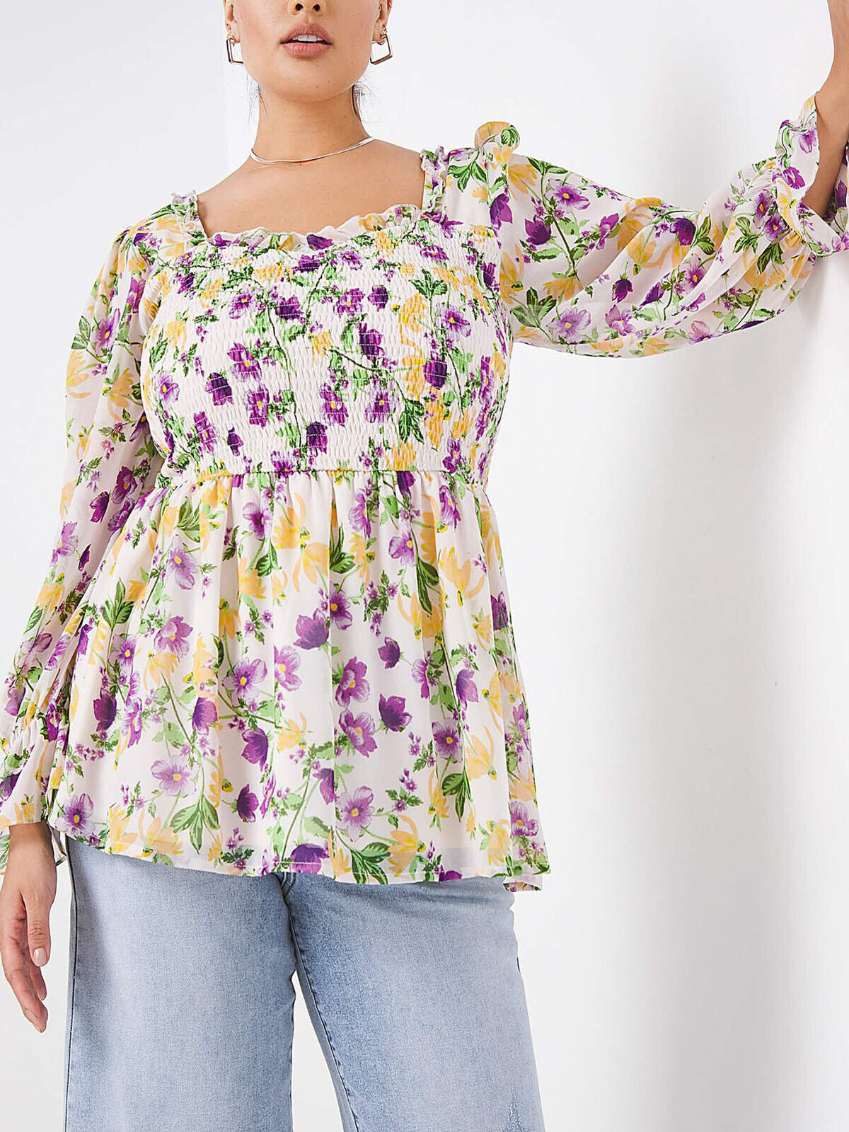 Simply Be Ivory Floral Shirred Frill Square Neck Top 18 20 22 24 26 30 RRP £35