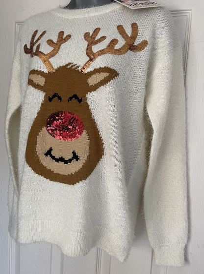 Ladies Cream Sequin Reindeer Fluffy Knit Christmas Jumper 10, 12, 14, 16, 18